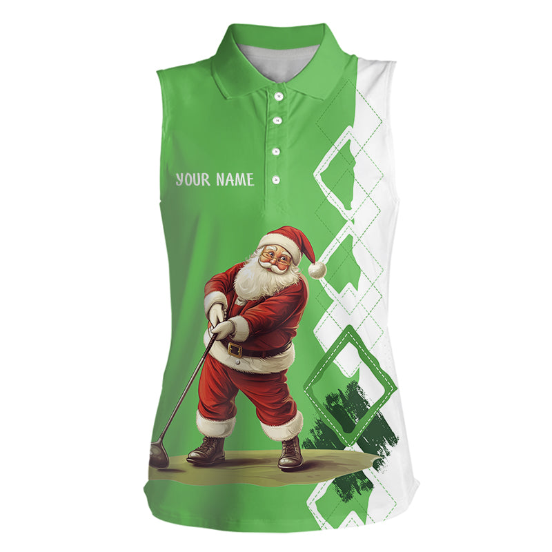 Women’s Sleeveless Polo Shirt - Green and White Argyle Christmas Santa Design - Custom Holiday Golf Shirt N9024