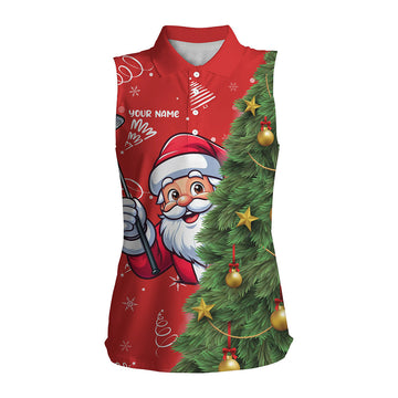 Red and Green Funny Christmas Santa Sleeveless Polo Shirt for Women - Unique Golfing Gift for the Holiday Season T3039