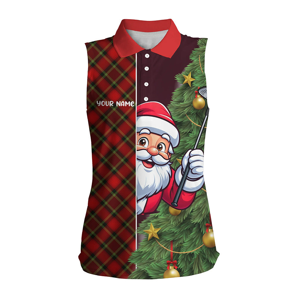 Funny Christmas Santa Argyle Pattern Women's Sleeveless Polo Shirt - Holiday Golf Gift Idea T3040