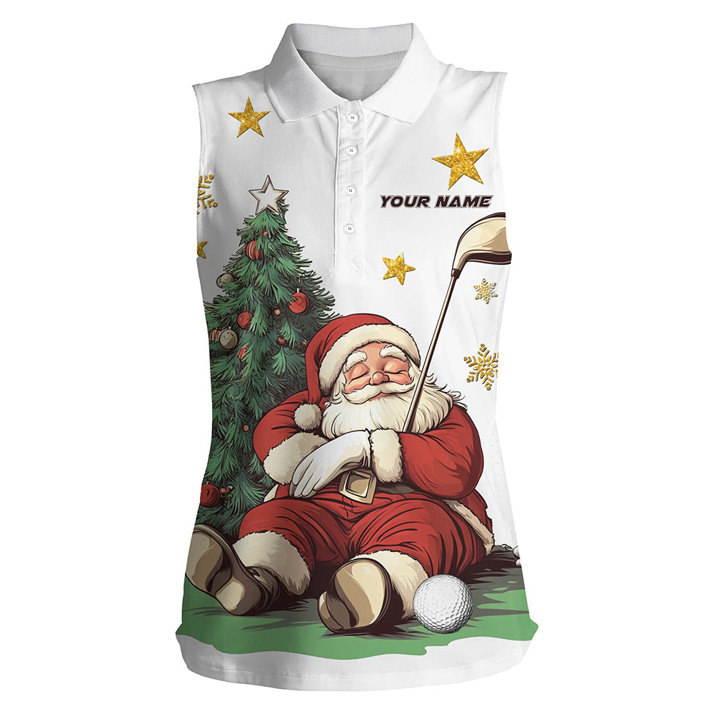 Funny Santa Christmas Polo Shirt for Women - Sleeveless Golf Top with Pine Tree Design T3057