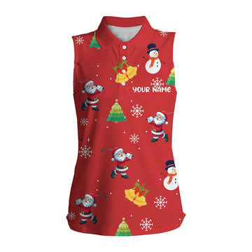 Funny Santa Red Christmas Pattern Women’s Sleeveless Polo Shirt - Custom Golf Top for Holiday Gifts T3068