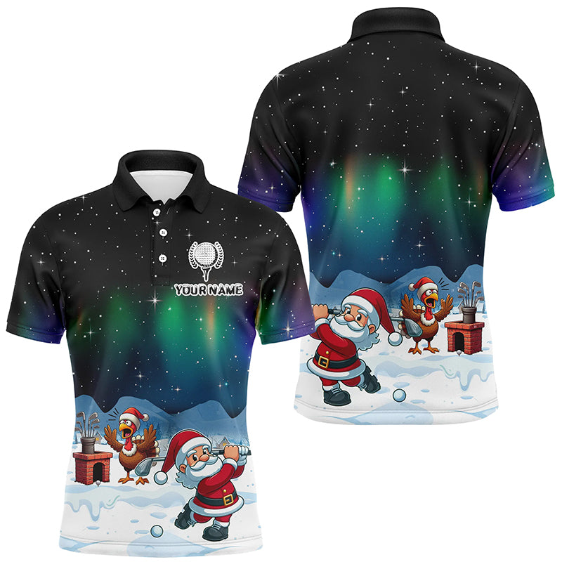 Funny Turkey and Santa Playing Golf Polo Shirt for Men - Custom Christmas Golfing Gift T3038