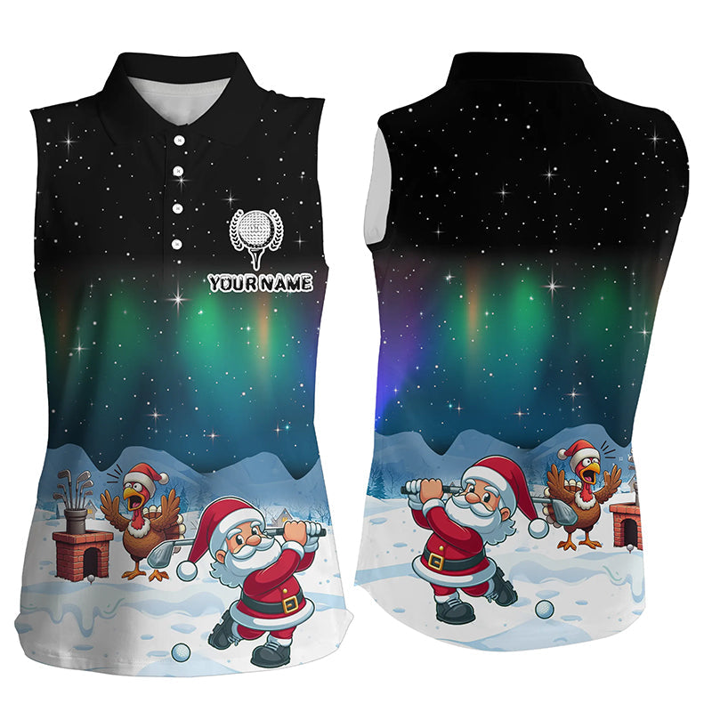 Funny Turkey And Santa Golfing Sleeveless Polo Shirt - Custom Women's Christmas Gift T3038