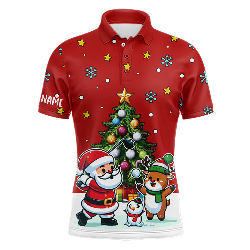 Funny Santa Playing Golf Polo Shirt for Men | Red Christmas Golf Shirt with Pine Tree Design | Unique Holiday Gift T3067