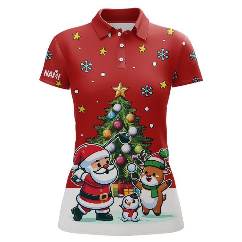 Funny Santa Playing Golf Women's Christmas Polo Shirt – Custom Red Golf Shirt with Pine Tree Design, Perfect Holiday Gift T3067