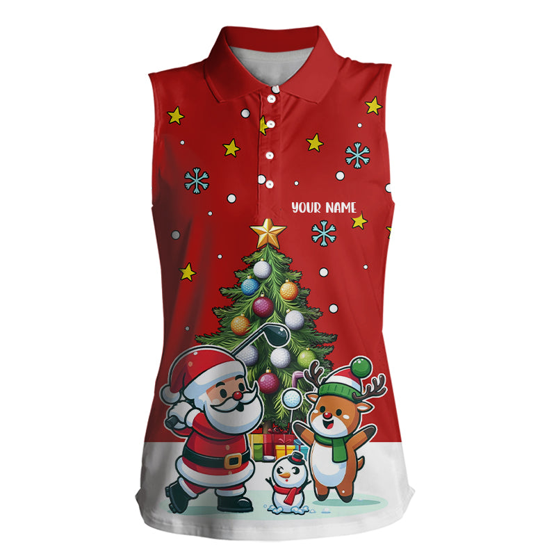 Funny Santa Golfer Women's Sleeveless Polo Shirt - Christmas Pine Tree Golfing Gift T3067